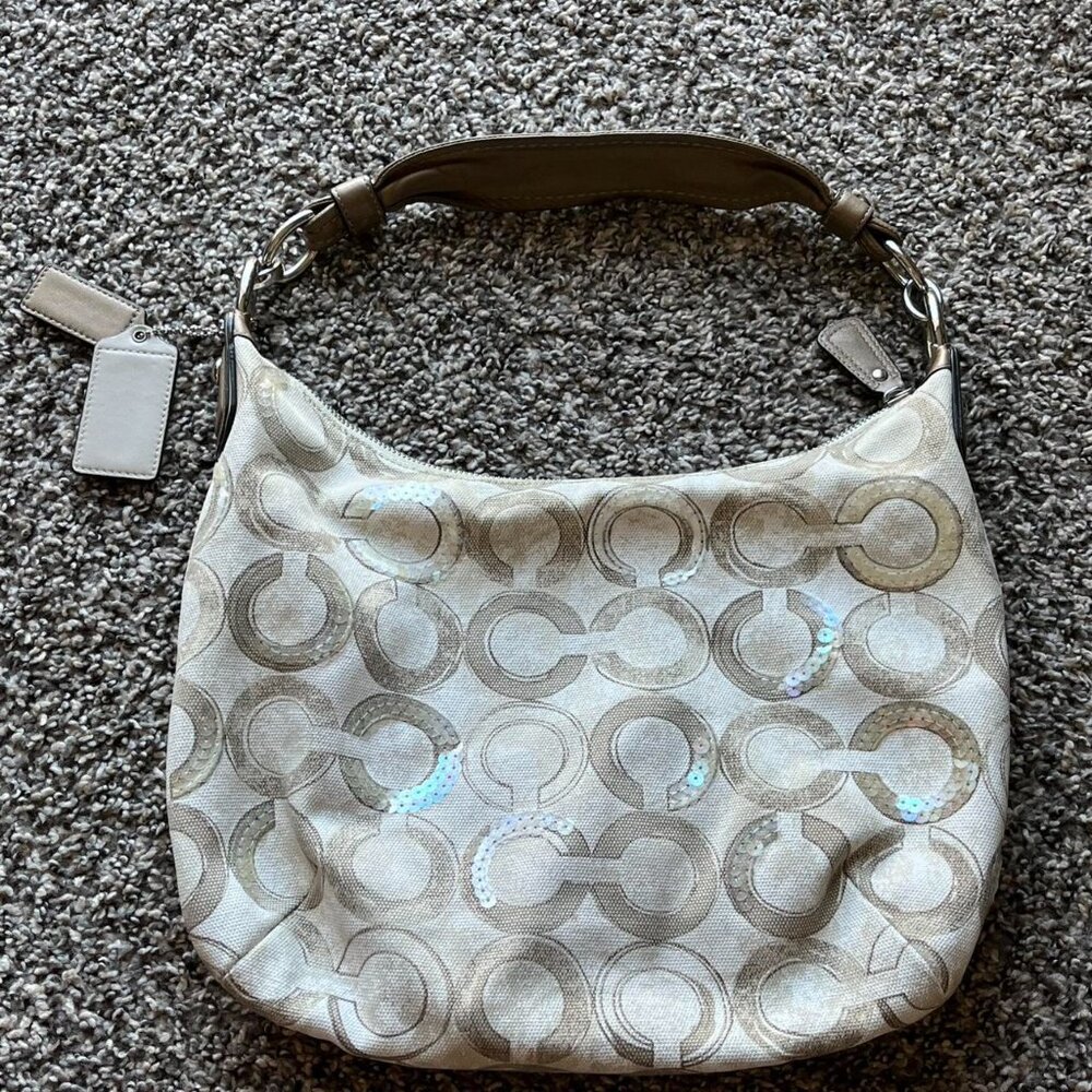 Vintage Coach Kristin Signature Canvas Khaki Cream Optic Art Sequin Hobo Bag - Picture 4 of 8